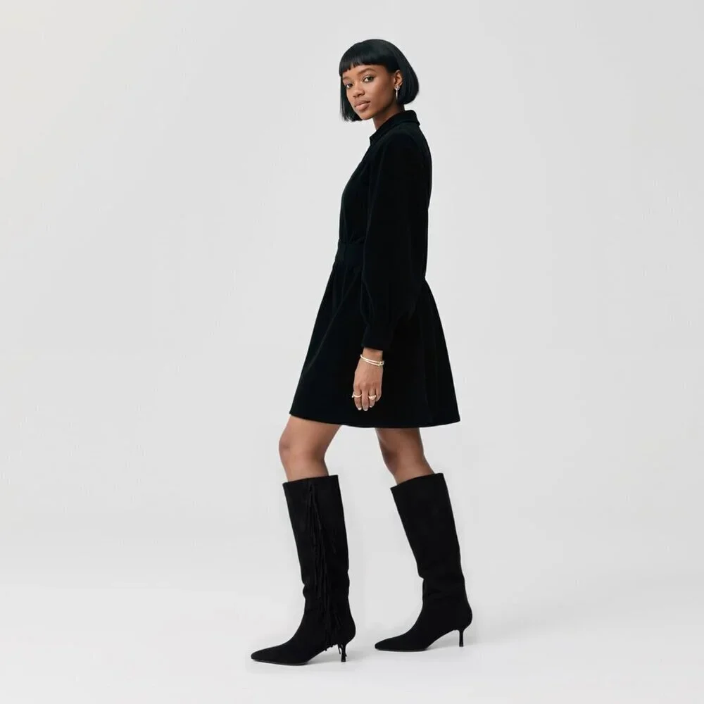 Women Suede Black Knee High Boots Kitten Heels Tall Pointed Toe Long Boots
